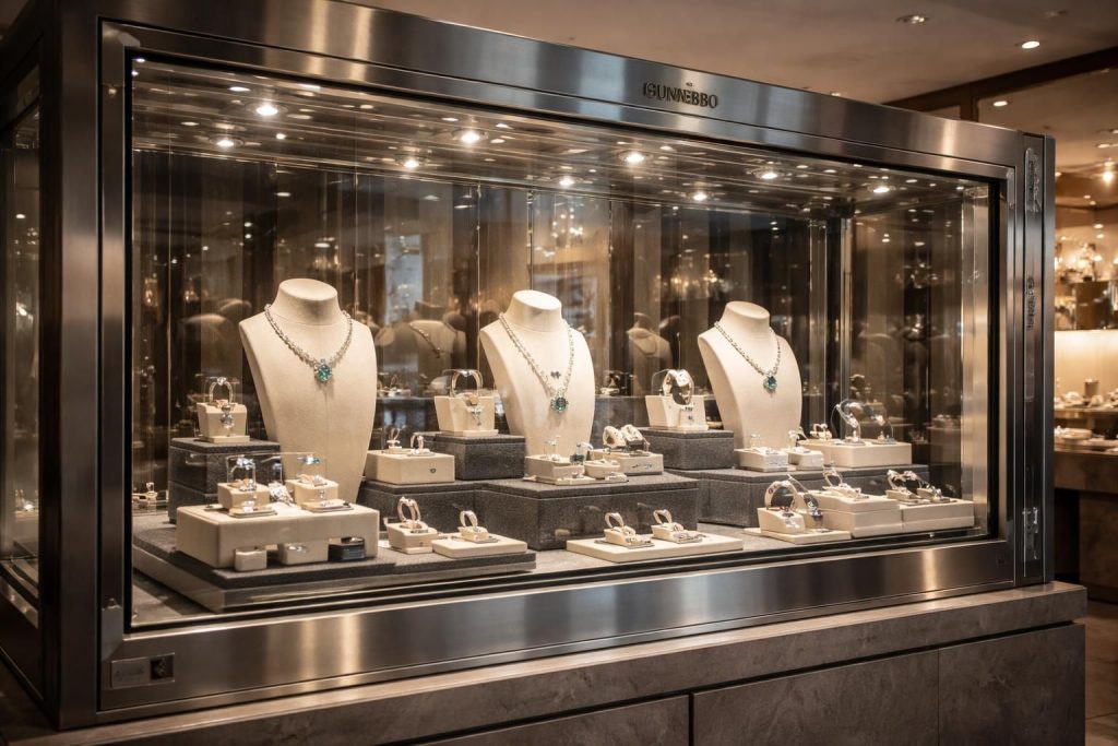 Créer une bijouterie avec vitrine sécurisée Gunnebo et éclairage halogène pour les pierres