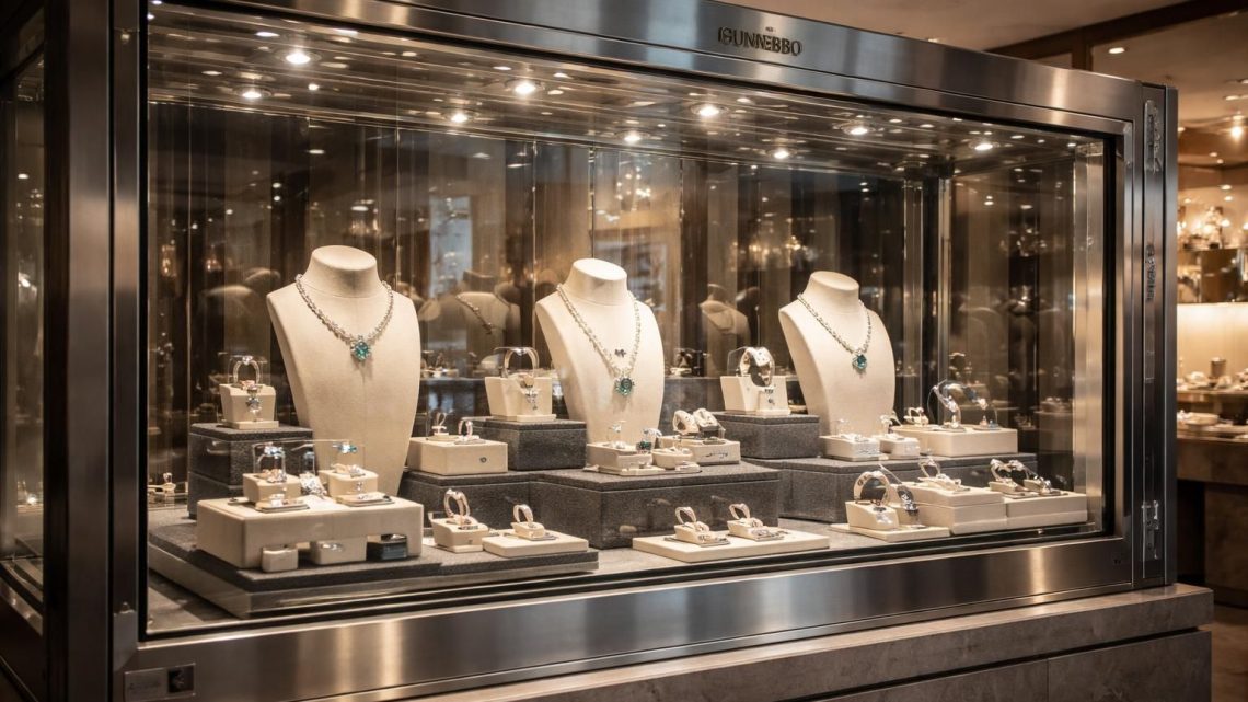 Créer une bijouterie avec vitrine sécurisée Gunnebo et éclairage halogène pour les pierres