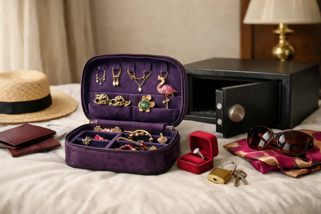 Voyager avec ses bijoux : douane, pochette, coffre d&rsquo;hôtel — la checklist