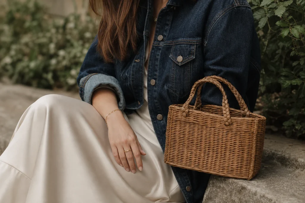 Du jean brut à la jupe satinée : quelles pièces associer pour sublimer un sac en rotin&nbsp;?
