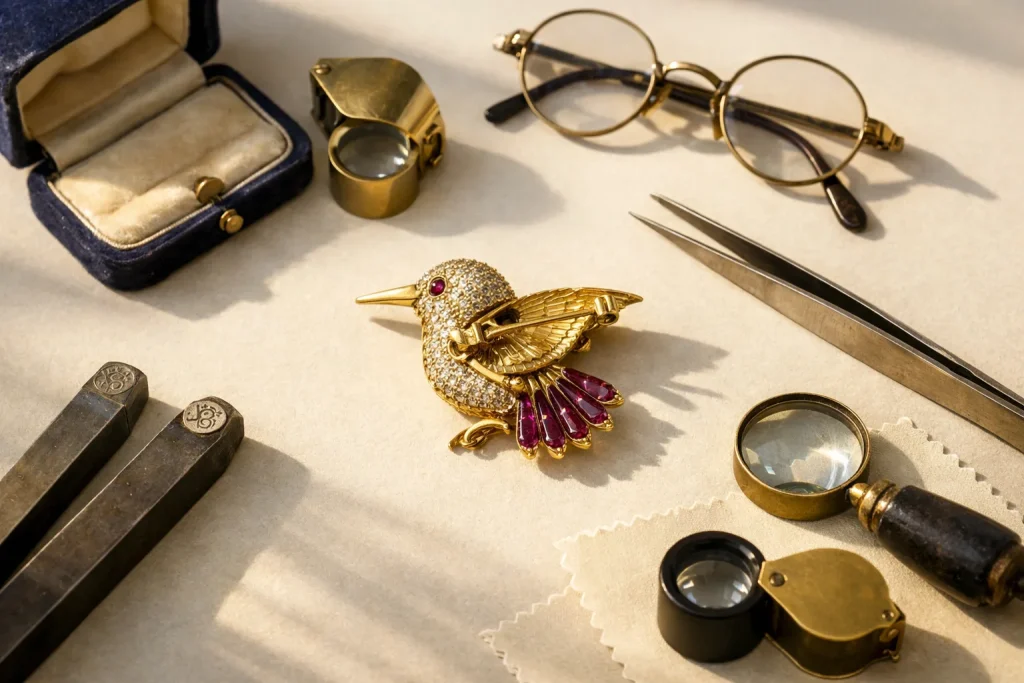 Reconnaître une broche vintage de valeur : poinçons, fermoirs et signatures