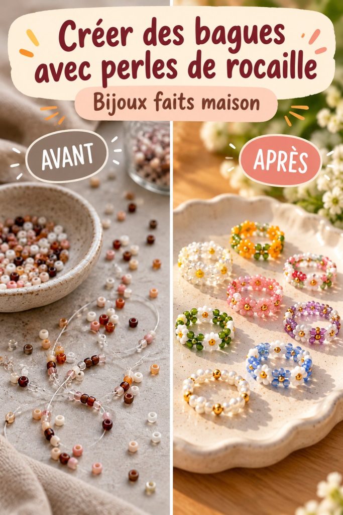 Bague chaton en perles de rocaille colorées, artisanale et élégante.
