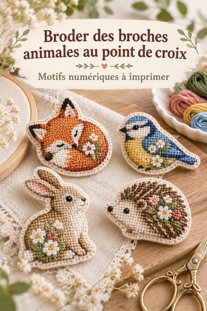 Broches animales en point de croix réalisés à la main, présentant une variété de designs colorés et créatifs.