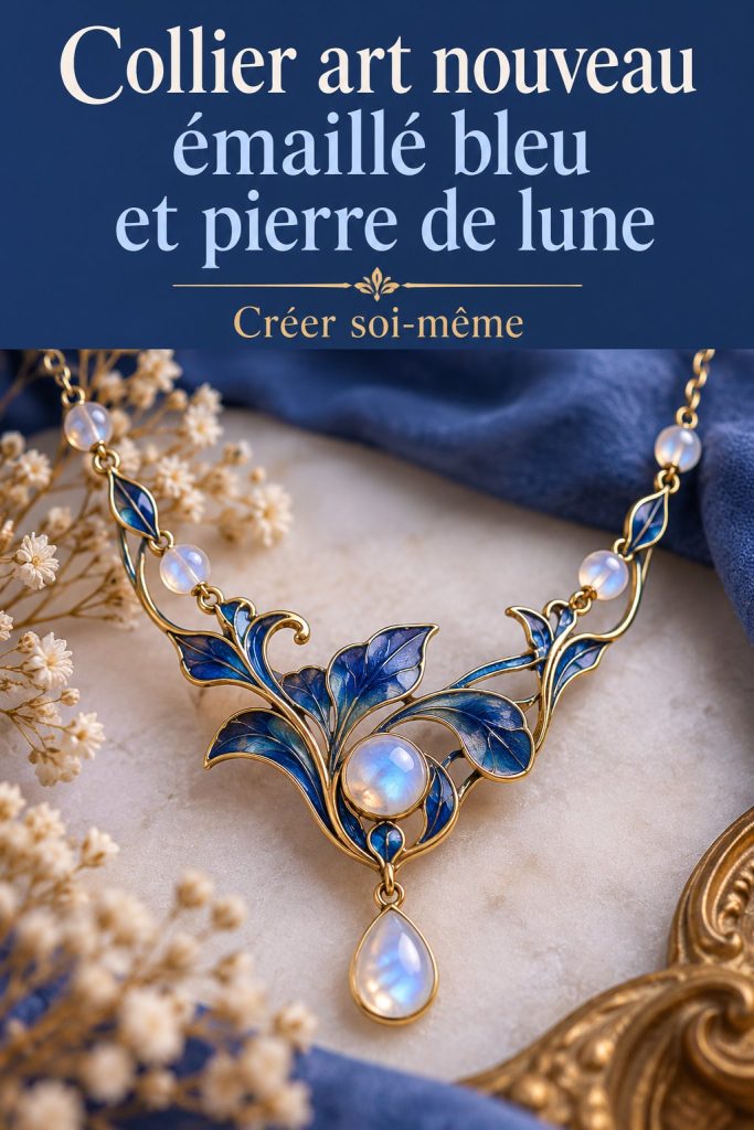 Un collier art nouveau aux motifs d'émail bleu et à la pierre de lune, exposé sur un fond élégant.