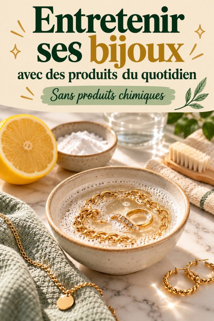 Une sélection de bijoux brillants, sur une surface naturelle, mettant en valeur leur éclat après un nettoyage naturel.