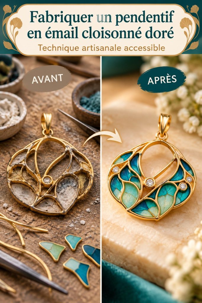 Pendentif en émail cloisonné doré sur fond neutre