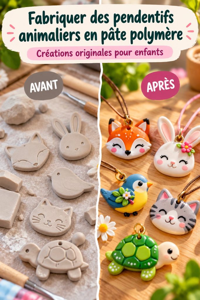 Pendentifs animaliers colorés en pâte polymère sur une table de travail