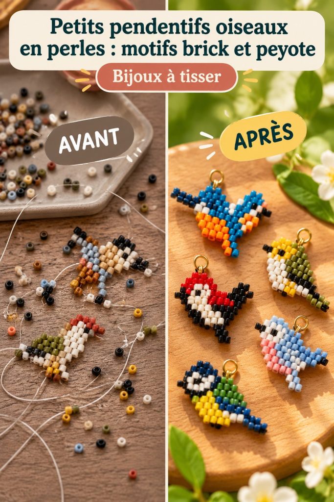 Pendentifs oiseaux en perles avec motifs brick et peyote sur un fond clair.