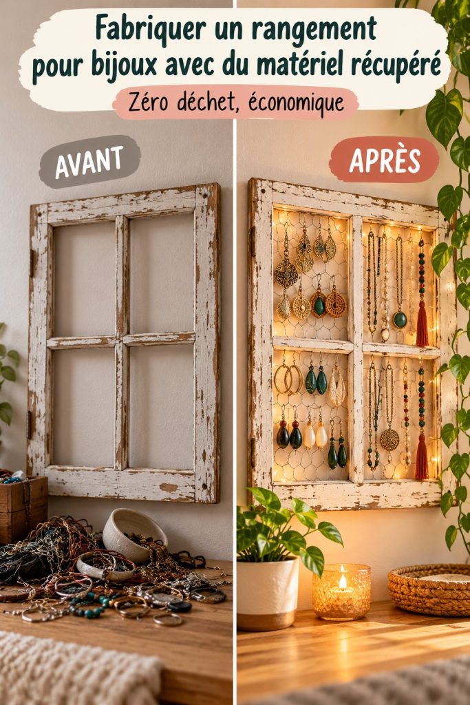 Porte-bijoux fait maison en matériaux récupérés, accueillant colliers et boucles d'oreilles