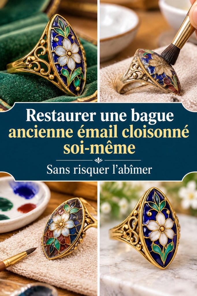 Bague ancienne en émail cloisonné sur un fond doux, montrant des détails artistiques